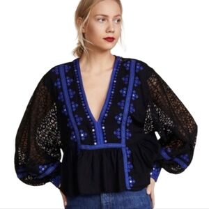 Free People Boogie All Night Black Cobalt Blue Lace Blouse Top Womens Size XS